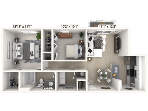 Floor plan for 2 beds, 1 bath, 862 sqft